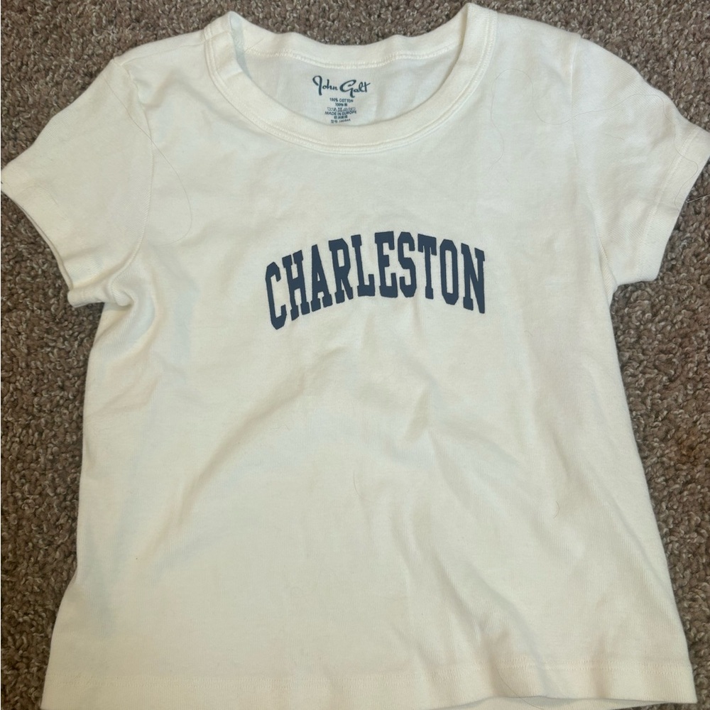 Brandy Melville Cream Tee with Navy Charleston Print